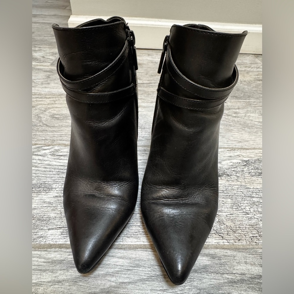 Pour La Victoire Black Pointed Toe Ankle Booties with Strap